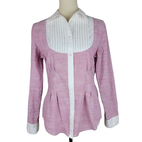 Jones New York Signature Pink White Contrasted Pleated Button-Down Shirt Size M - Picture 1 of 9